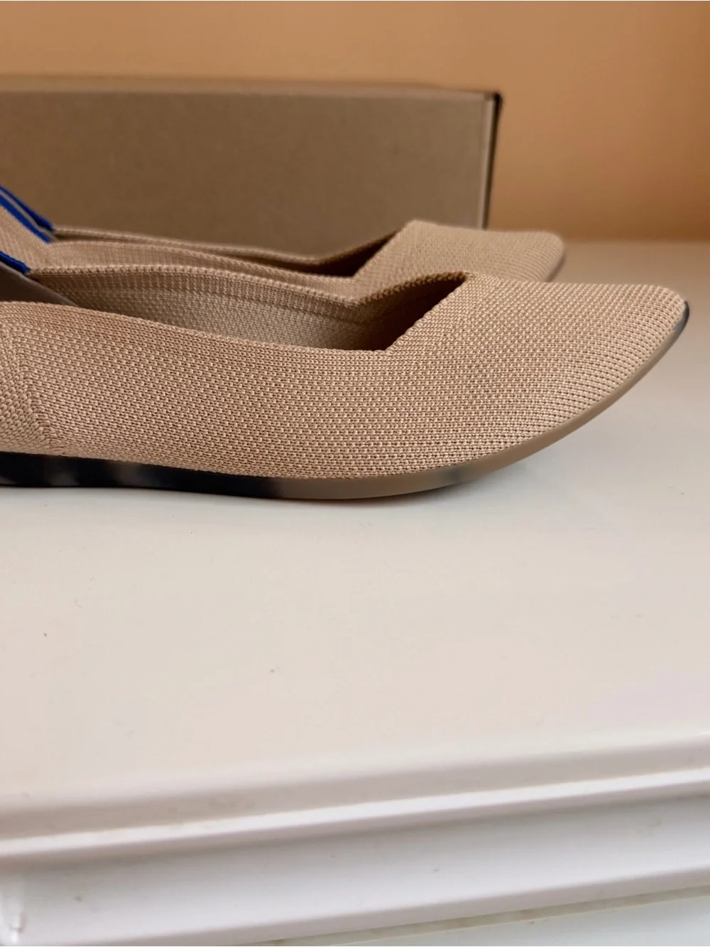 Rothy's Ecru Pointed Ballet Flats with Blue Trim